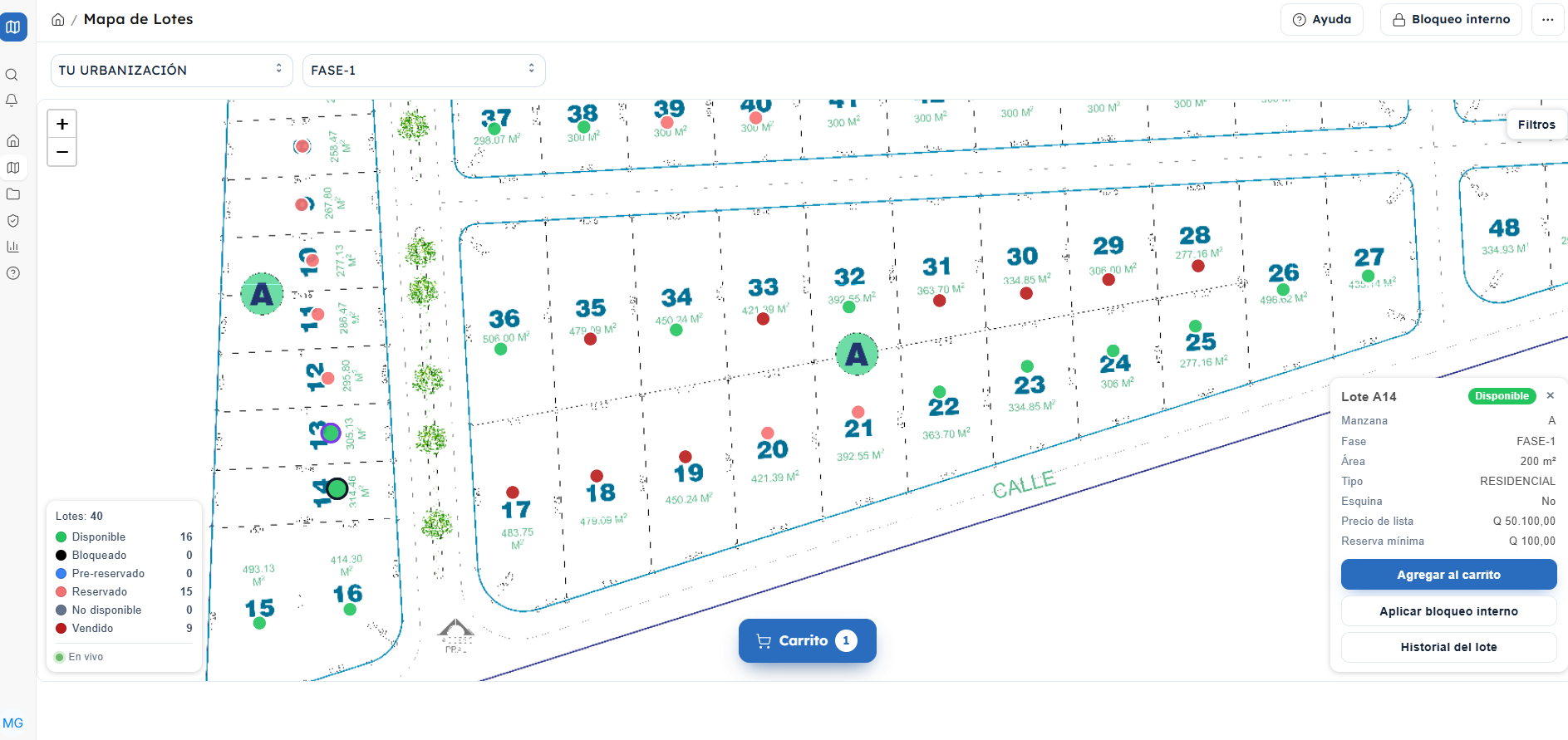 Mapa de lotes de Lotify: el plano de la fase con cada lote marcado por estado, la leyenda con el conteo de lotes y la ficha del lote seleccionado con precio y botón para agregar al carrito.