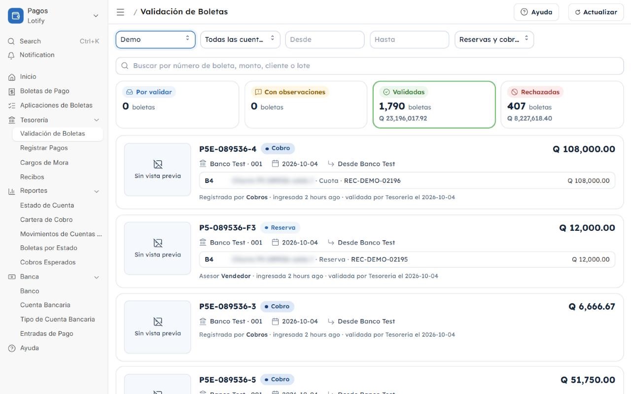 Pantalla de Validación de Boletas de Lotify: resumen de boletas por validar, con observaciones, validadas y rechazadas, y el detalle de cada boleta.